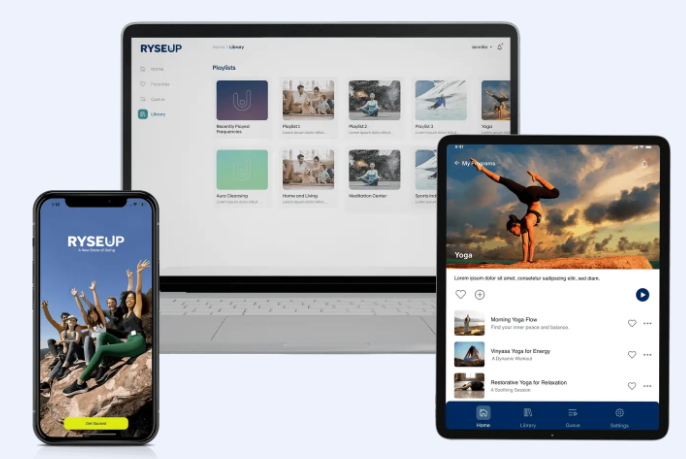 RyseUp platform shown on desktop, tablet and mobile