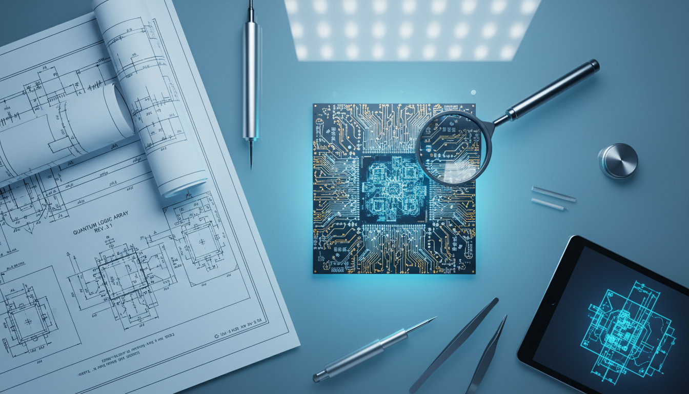 Circuit board and blueprints on a desk