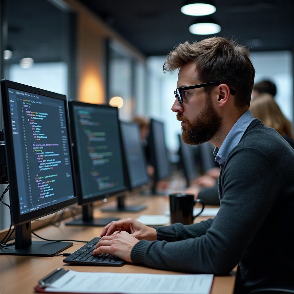 Engineers reviewing a screen in a data centre
